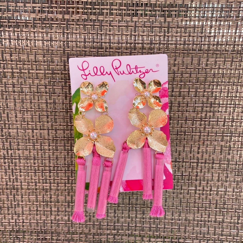 LILLY PULITZER Via Flora Roxie Pink Gold Orchid Tassel Earrings - Picture 3 of 8